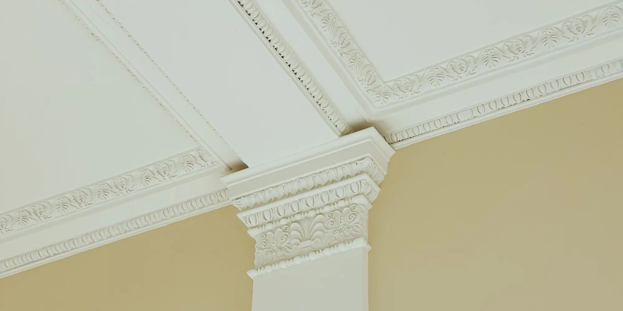 Crisp plaster cornice running along the top of a white wall