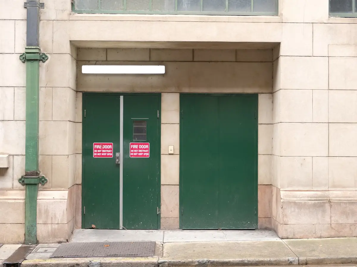 Fire exit doors with signage
