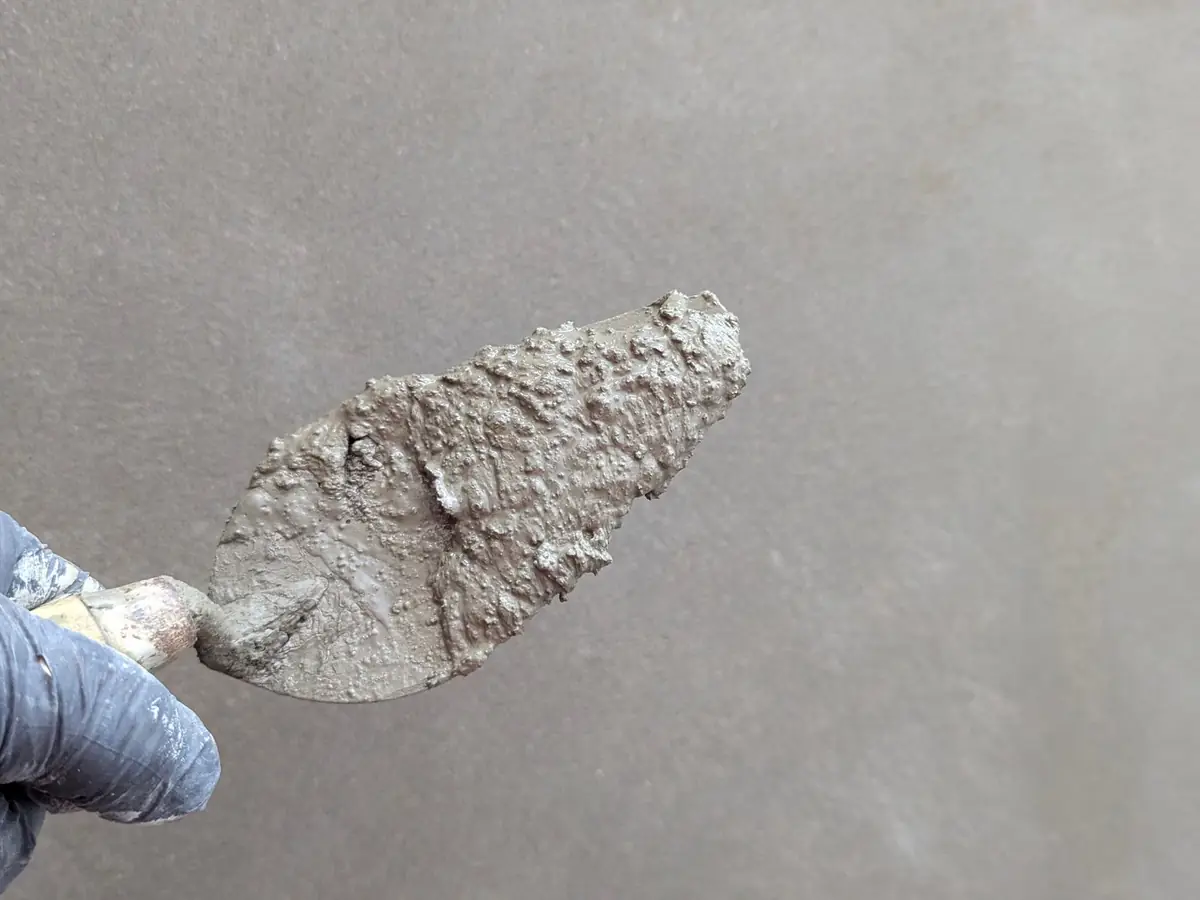 Trowel loaded with finishing plaster against a wall