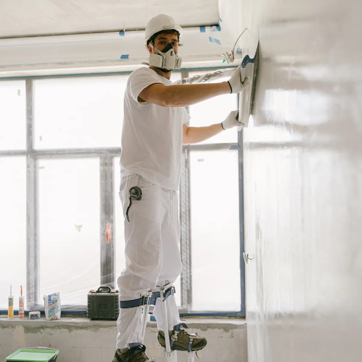 Plasterer in a mask smoothing a wall by a window