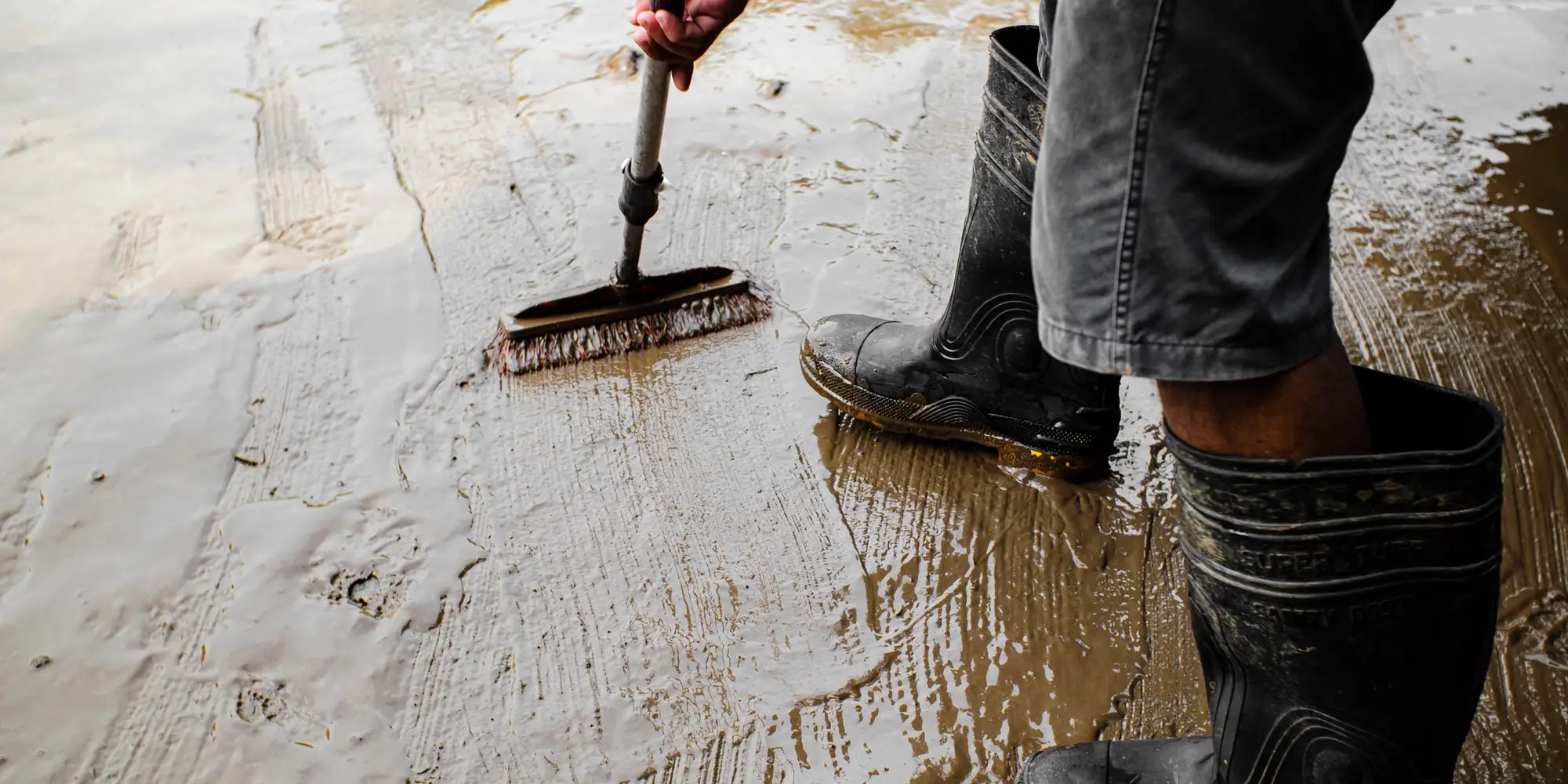 Worker in boots priming a concrete floor before screeding