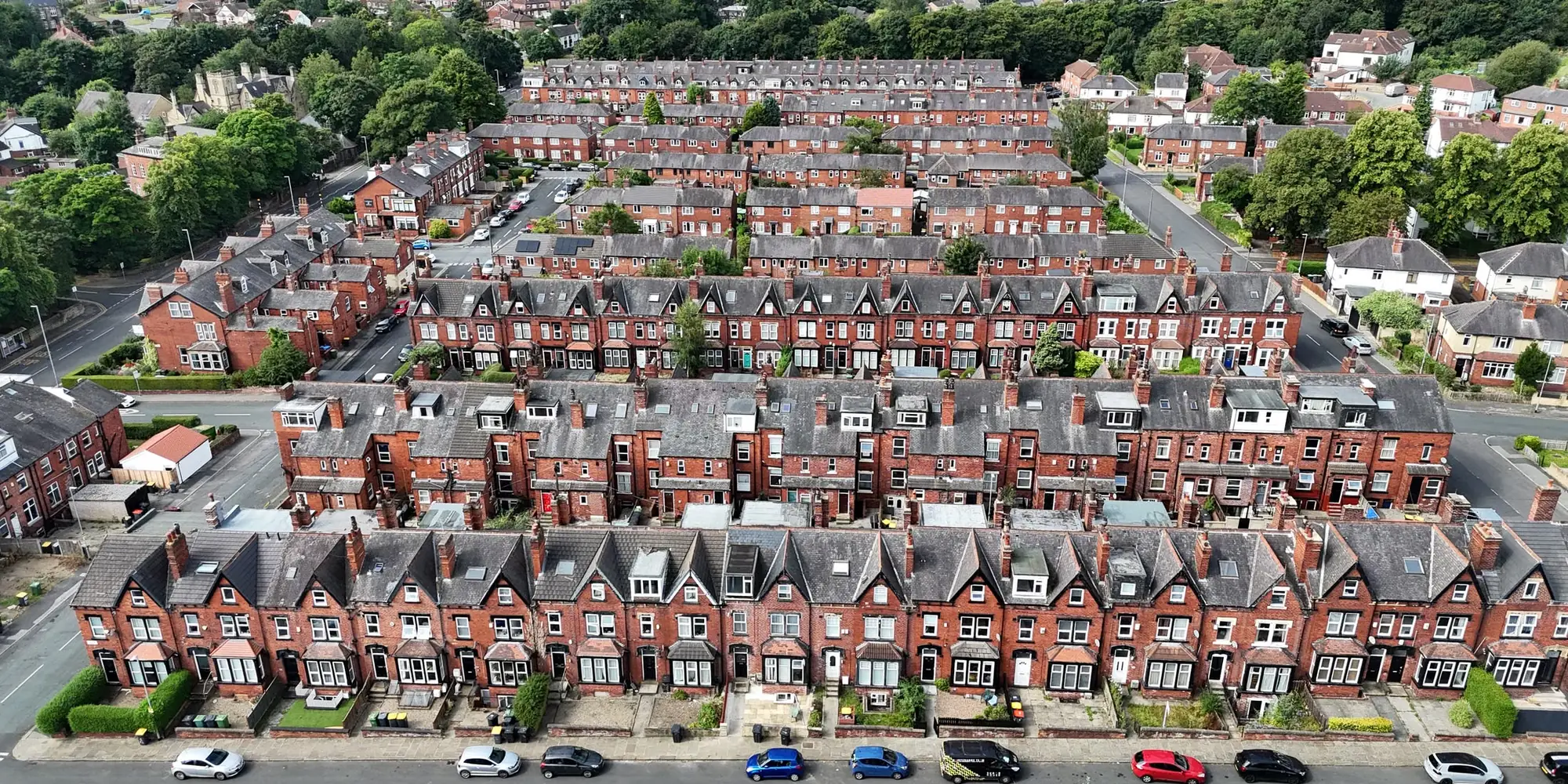 Rows of terraced houses in Headingley, Leeds, from above